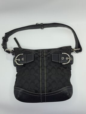 Coach Soho Black Signature Canvas Shoulder Bag with Silver Buckles